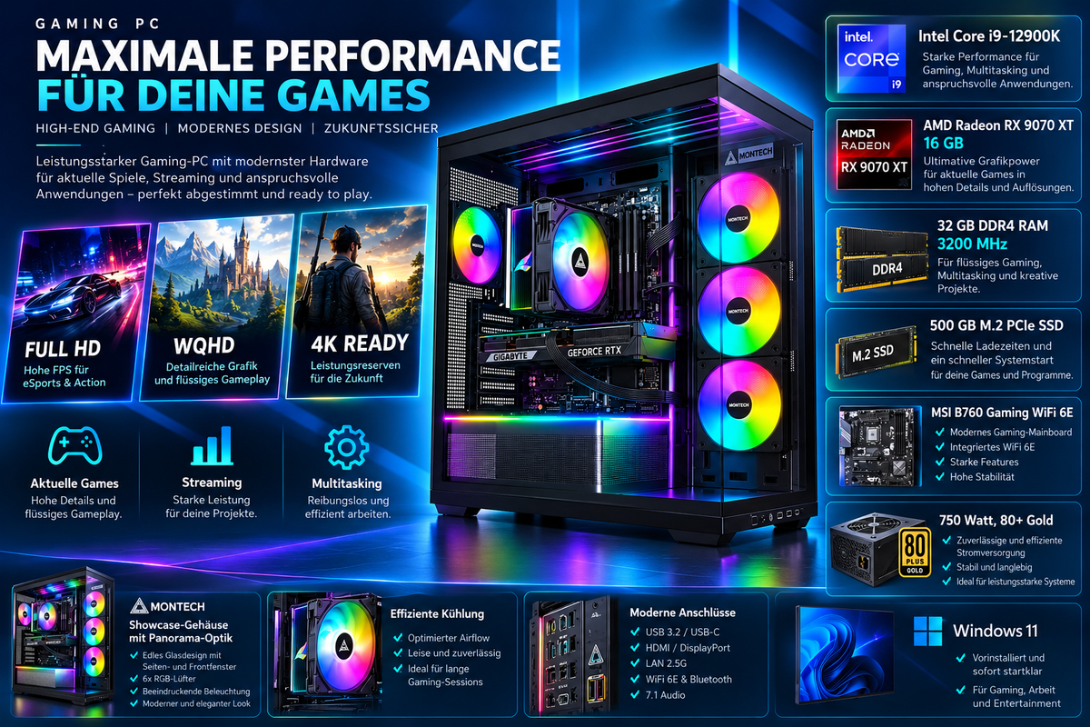 Gaming PC Intel i9-12900K | Radeon RX 9070 XT 16GB | 32GB RAM | 500GB M.2 SSD