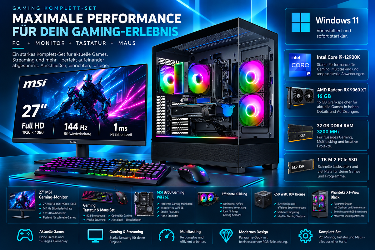 Gaming Set 27" MSI 144Hz | Intel i9-12900K | RX 9060 XT 16GB | 32GB RAM | 1TB SSD