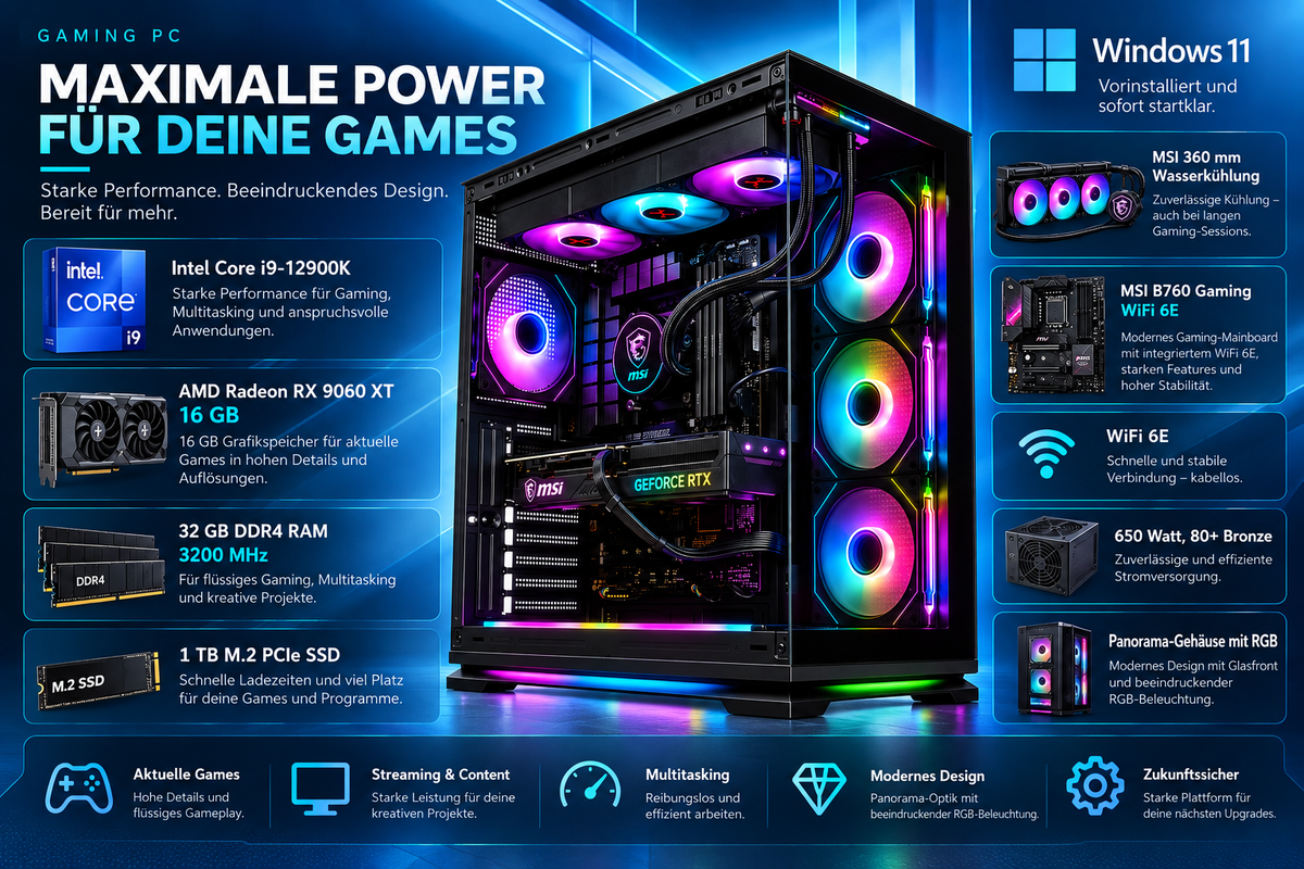 Gaming PC Inteli9-12900K | Radeon RX 9060 XT 16GB | 32GB RAM | 1TB M.2 SSD