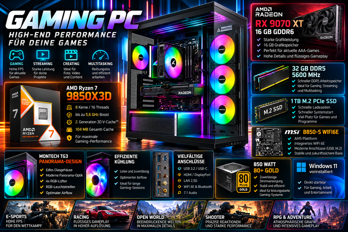 Gaming PC AMD Ryzen 7 9850X3D | Radeon RX 9070 XT 16GB | 32GB DDR5 | 1TB M.2 SSD