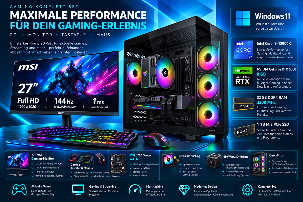 Gaming PC Set 27" MSI 144Hz | Intel i9-12900K | RTX 5060 8GB | 32GB RAM | 1TB SSD | WiFi 6E | Windows 11