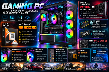 Gaming PC AMD Ryzen 7 9850X3D | Radeon RX 9060 XT 16GB | 32GB DDR5 | 1TB M.2 SSD